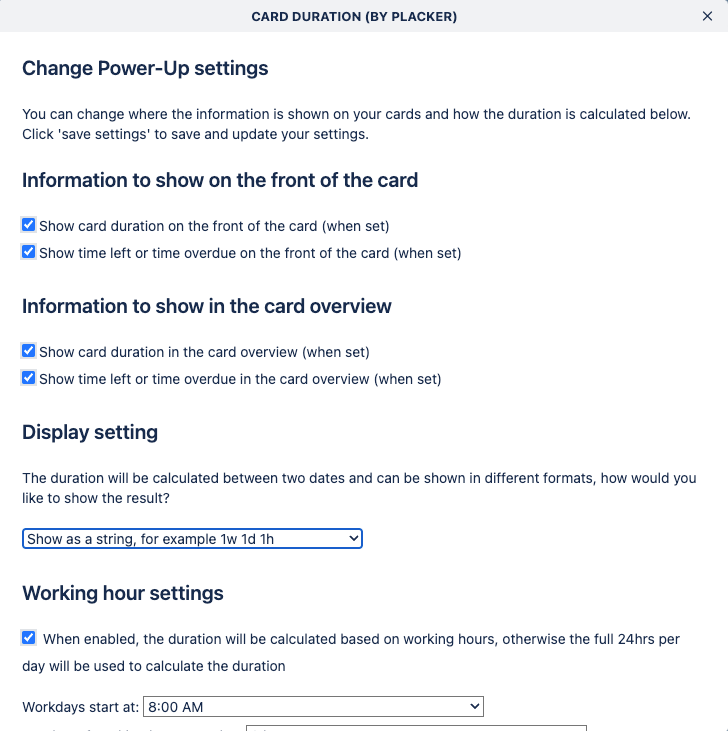 Trello Power-Up Card Duration Settings