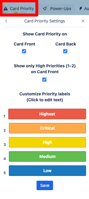 Card Priority: Einstellungen